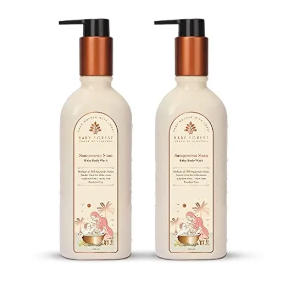 Baby Forest Sampoorna Snan Baby Body Wash | 10 Ayurvedic Herbs | Tear-Free Formula | Natural Hydration for Baby | Vegan | Cruelty-free | Plant-Based Formulation | Pack of 2 x 200 ml