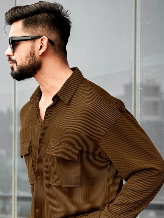 Stripe Textured Brown Full Sleeve Shirt-S / Brown