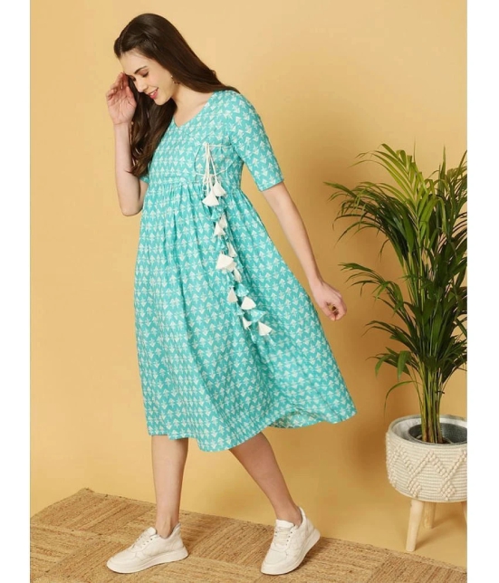 Antaran Cotton Printed Ankle Length Womens Fit & Flare Dress - Sea Green ( Pack of 1 ) - None