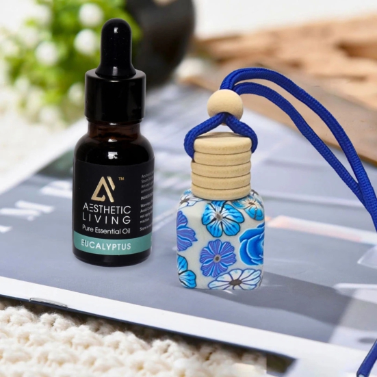 Aesthetic Living Floral Car Aromatizer/ Diffuser Bottle with Essential Oil (Multi Shape Floral-8 ml+ Eucalyptus Essential Oil, 15 ml)