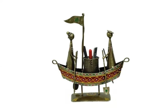 Lucky Handicraft -  Iron Boat Pen Holder Showpiece for Home decor, multicolor 13 x 12.75 inch