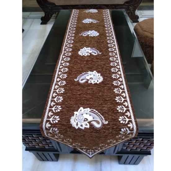 Chenille Floral Table Runner-Brown