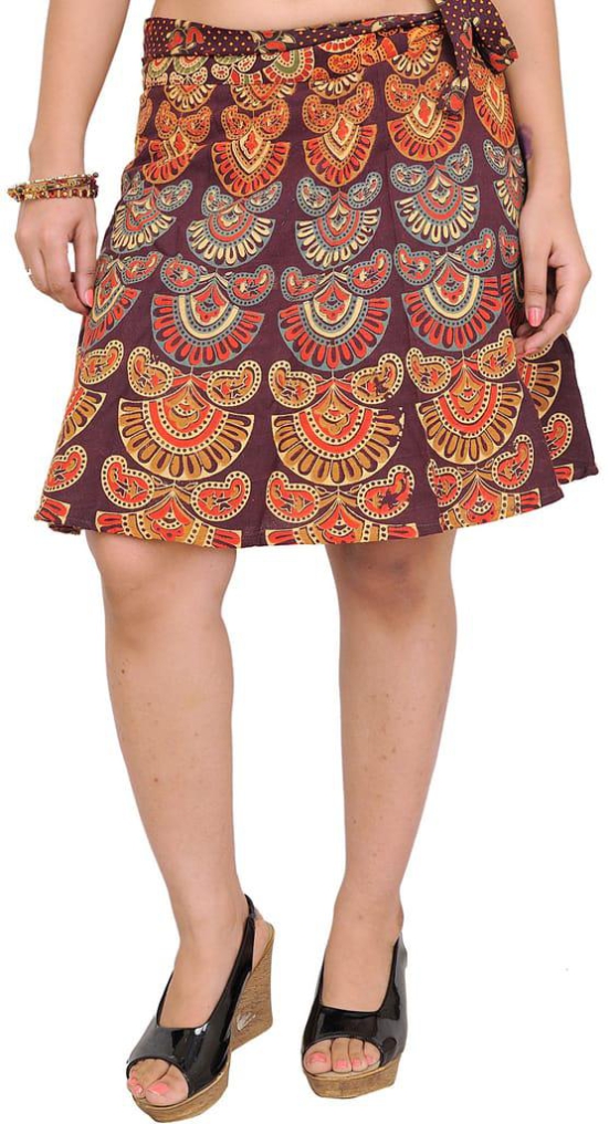 French-Roast Sanganeri Wrap-Around Mini-Skirt with Printed Motifs