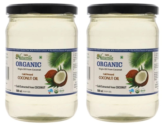 Farm Naturelle 100 % Pure Organic Virgin Cold Pressed Coconut Cooking Oil -500 ml x2 (Glass Bottles )