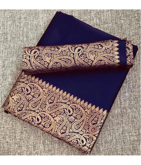 Gazal Fashions Banarasi Silk Embellished Saree With Blouse Piece - Navy Blue ( Pack of 1 ) - Navy Blue