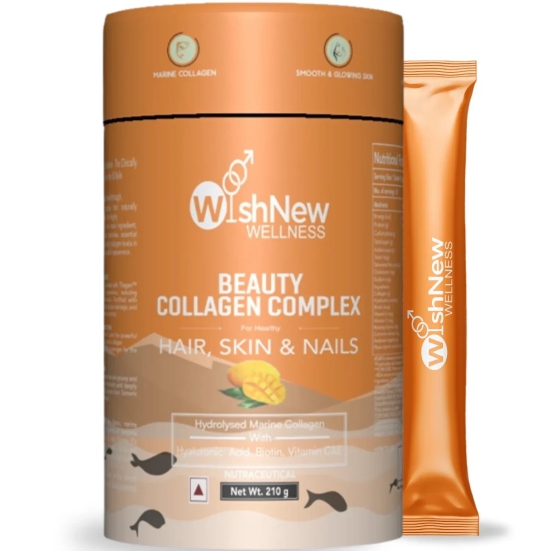 WishNew Wellness BEAUTY COLLAGEN COMPLEX | Radiant Hair, Skin & Nails | 21 Sachets with Collagen, Hyaluronic Acid, Biotin, Vitamins E & C, Rosehip & Curcumin Extracts | Enhanced Absorption Formula