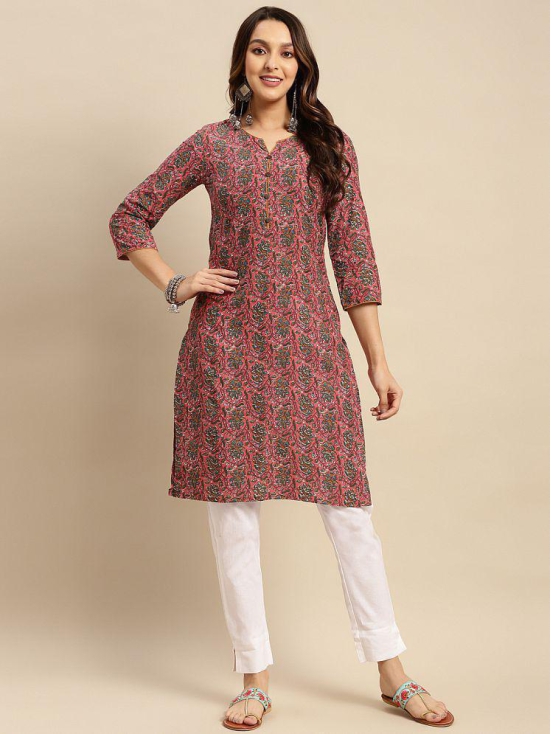 Rangita Women 100% Cotton Coral Floral Printed Knee Length Straight Kurti - None