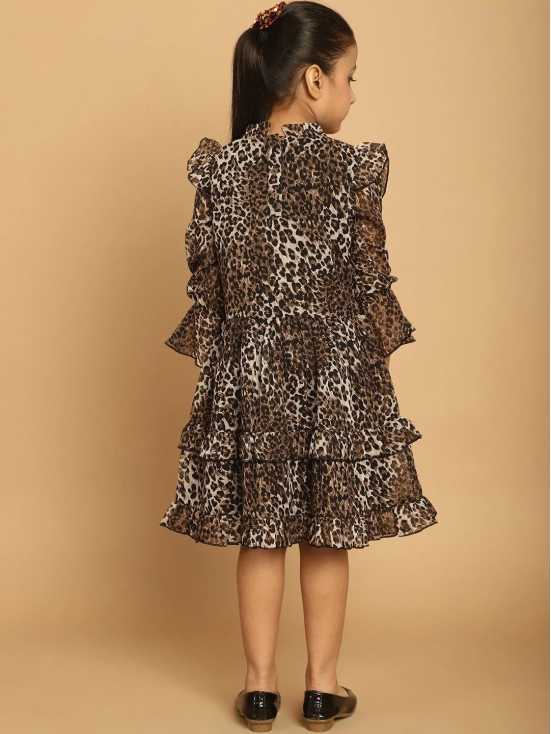 MINI & MING Girls Animal Printed Ruffled Bell Sleeves Georgette Fit & Flare Dress