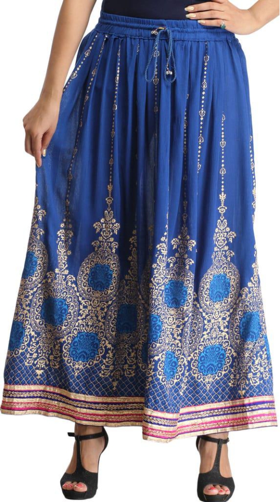 Classic-Blue Embellished Long Skirt with Golden Print and Embroidered Patch Border