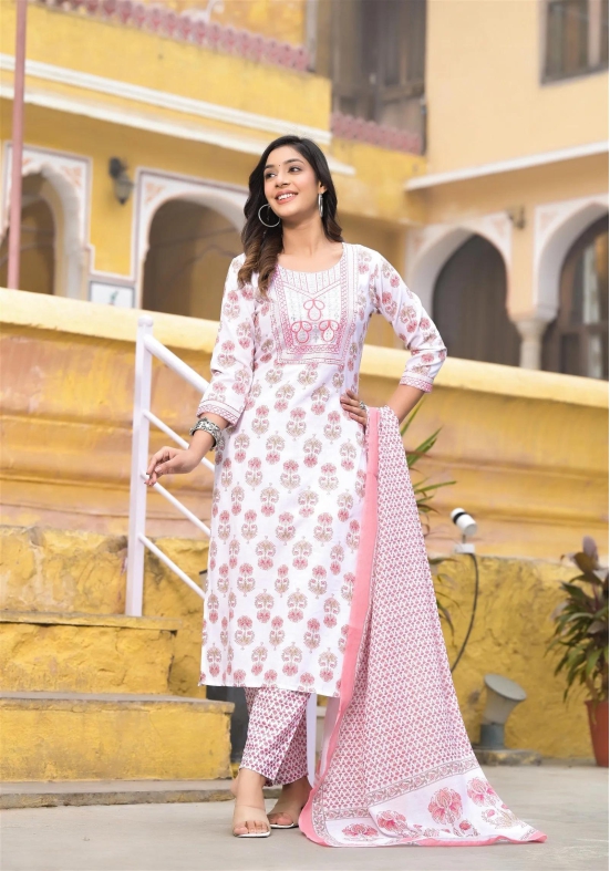 Pink and White Color Straight Kurta set with Dupatta and pant-L