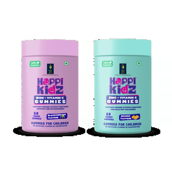 British Life Sciences Happi Kidz Iron + Vitamin C Gummies & Happi Kidz Zinc+Vitamin C Gummies Combo | Natural, Strong Bones, Muscles and Teeth, Boosts Immunity