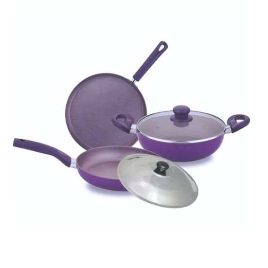 Softel Designer Induction Base Cookware Set with Glass Lid and SS Lid | Set of 5 Pcs | Purple