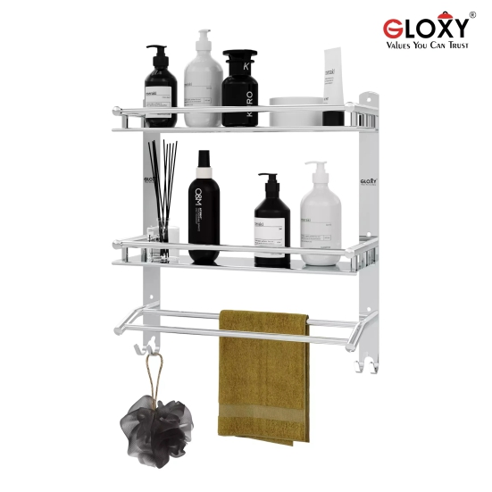 GLOXY Stainless Steel Double Layer Shelf with Towel Rod - Bathroom Shelves for Optimal Storage, with Sleek Chrome Finish - Durable Bathroom Accessories and Fittings (5D X 15W X 18H Inch) - N