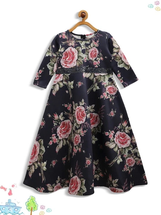 Girls Navy Blue & Pink Floral Printed A-line Kurta