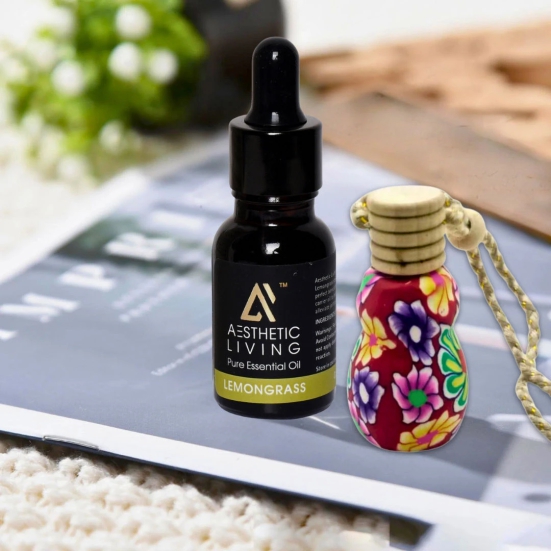 Aesthetic Living Car Aromatizer/ Diffuser Bottle with Essential Oil (Gourd Shape-15 ml+ Lemongrass Essential Oil, 15 ml)