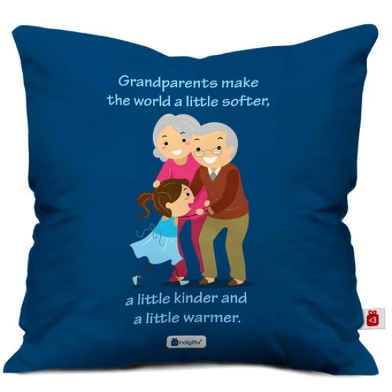 Indigifts Grandparents Anniversary Gift Cute Grandfather Grandmother Character Illustation Blue Cushion Cover with Filler 12X12 Inches - Special Gift for Granddad, Grandmom-Birthday Anniversary