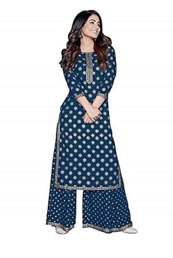 Monica Fashion Style Collection Women's Kurta Sahara Set with Embroidery and Gotta Work/Ethnic Straight Kurti & Sharara Set| Blue