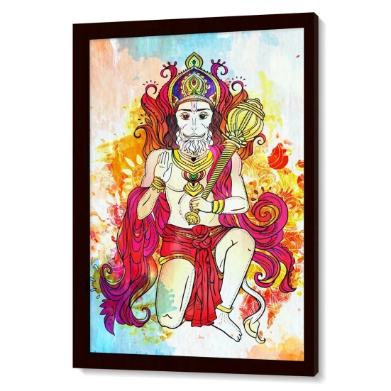 Blessing Pose Sankatmochan Hanuman-Basic (9.5 X 13.5 Inches) / Frame With Glass / Dark Brown Frame