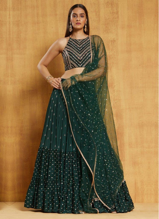 Dark Green Georgette Sequence Ruffle Style Lehenga Choli