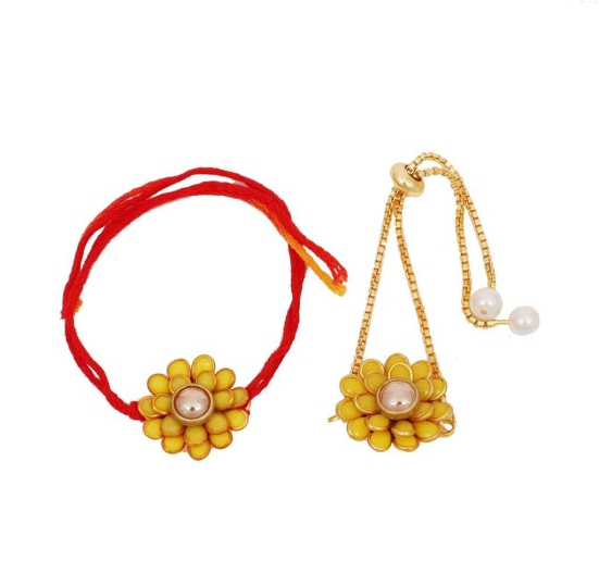 Indi Rang Yellow Rajasthani Gold Plated Resin Chain Pachi Work Lumba Rakhi Combo Set for Bhaiya Bhabhi