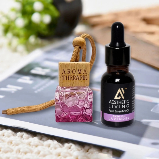 Aesthetic Living Car Aromatizer Diffuser Bottle with Essential Oil (Square Colored Transparent Combo- 8 ml + English Lavender Essential Oil, 15 ml)