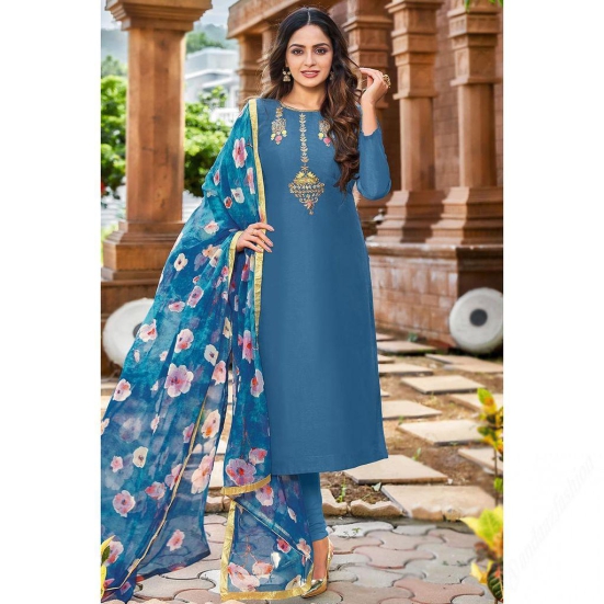 Sea Blue Chanderi Cotton Indian Churidar Suit With Zari Work