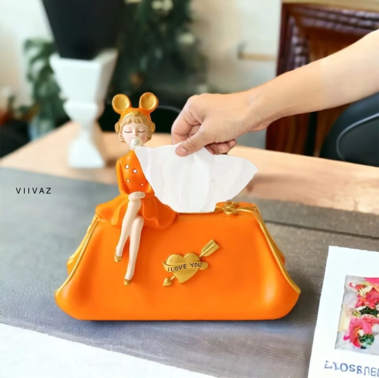 Feminine Grace Tissue Holder-Orange / Polyresin | Gloss Finish / H: 13 | L: 8 | W: 9 (Inches)