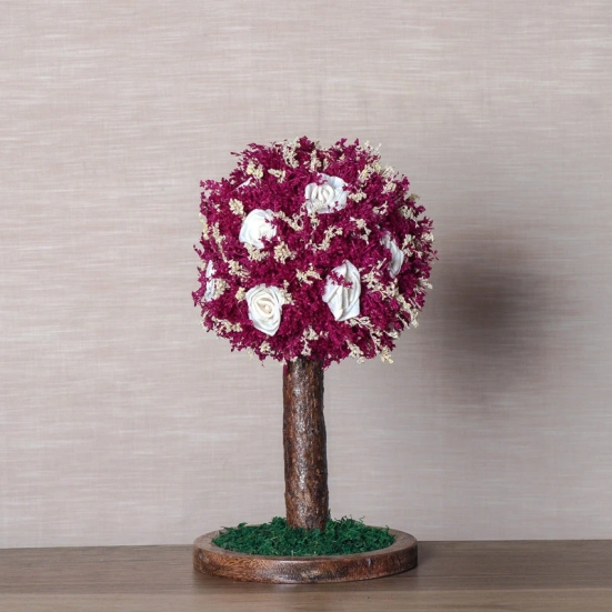 Handmade Bonsai Tree With Sola Flower Arrangement on Wooden Base