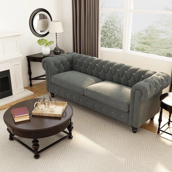 Graceful 3 Seater Velvet Rolled Arm Chesterfield Sofa-Gray