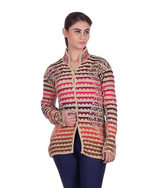 eWools.in Beige and Pink Woollen Buttoned Cardigan - L