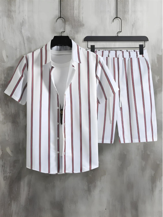 Maroon Striped Printed White Mens Shirt And Shorts Set Short Sleeve-XXL-48.5