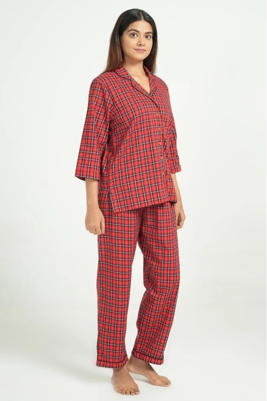 BREATHABLES Women Cotton Checks Nightsuit Shirt and Pants Co-ord Set 3/4 Sleeve Notched Collar Comfort Loose Fit Red(Night Wear | Co-ord set | Lounge Wear Set)