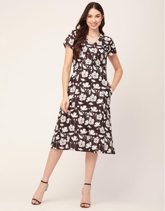 Moomaya Womens Printed Button Down Dress V Neck Short Sleeve Midi Dress