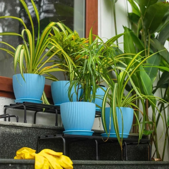 Fluted Dome Plastic Pot with Tray | Set of 5 Jodhpur Blue