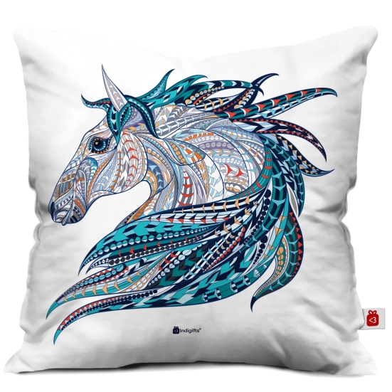 Indigifts Diwali Gift Items Ethnic Patterned Unicorn White Cushion Cover 18x18 inches - Diwali Gift Items, Diwali Decoration Items, Deepavali Decoration, Dipawli Gifts, Deepawali Greetings