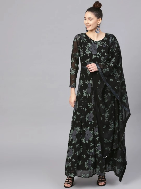 Women Black & Green Printed Maxi Dress with Dupatta