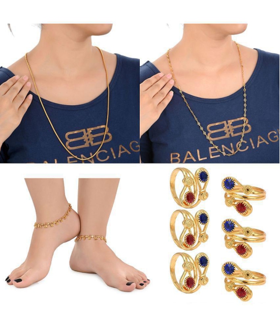 AanyaCentric Gold Plated 1 Pair Anklet 3 Pair Toe Rings 2nos 28inches Long Chains Combo - Golden