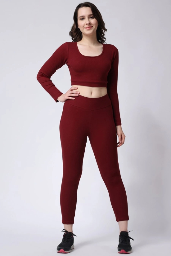 Womens Maroon Gym Co-Ord Set Leggings & Full Sleeves Crop Top-L / Maroon