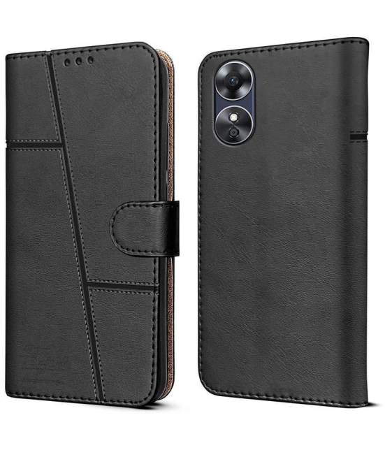 NBOX - Black Artificial Leather Flip Cover Compatible For Oppo A17 ( Pack of 1 ) - Black