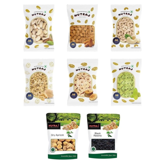 Nutraj Dry Fruits Combo Pack 800gm - Pistachios, Almond, Cashew, Black and Golden Raisins, Anjeer, Walnut Kernel, Dried Apricot (100gm Each)