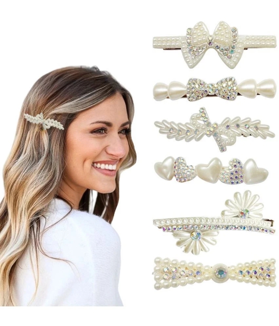 Lykaa Stylish fancy Pearl Hair Clips Rhinestone Crystal Hair Pins For Girls and Women - Pack of 6 - White