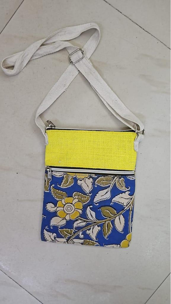 JFL Jute & Cotton Sling Bag ( Yellow & Blue)