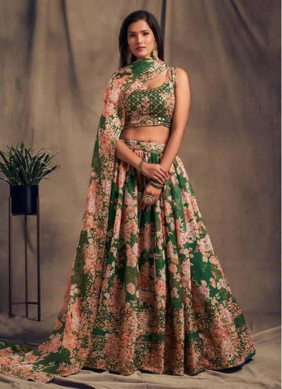 Green Wedding Wear Floral Print Embroidery Work Lehenga Choli