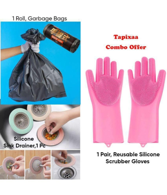 Tapixaa Combo Kit 1Pair Silicone Gloves,1 Roll Garbage Bag,1Pc Sink Drainer - Multicolor Silicone Free Size Cleaning Glove Set ( Pack of 1 )