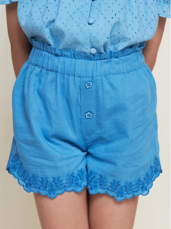 Sini Embroided Cotton Slub Girls Shorts - Blue-2-3Y