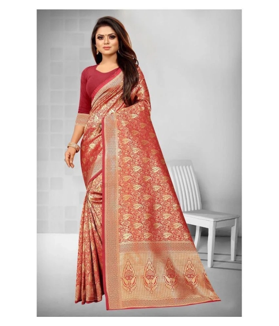 Gazal Fashions - Red Banarasi Silk Saree With Blouse Piece (Pack of 1)