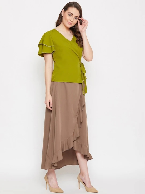 Women Green & Brown Overlapping Top with Ruffled Skirt