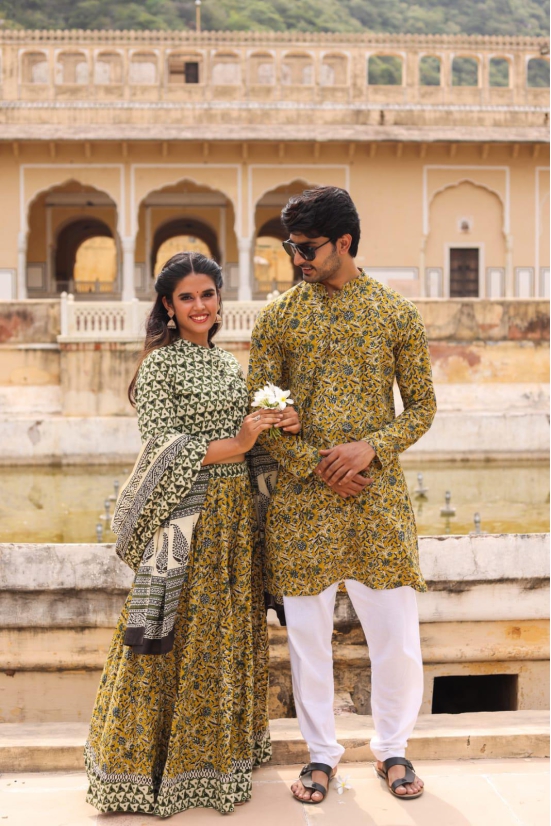 Bold Cotton Lehanga Choli & Kurta Pyjama Combo Mustard-Lehanga and Gents Kurta / 36 / M