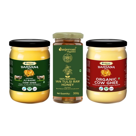 Sanjeevani Set of -3 Organic Cow Ghee 500ml | Organic Grass Fed Indian Cow Ghee | Wood Churned with Bilona Process| 100% Natural Neem Honey | Raw Unprocessed Natural Neem Honey 300g | Barsana Magic A2 Badri Cow Ghee 500ml jar contains pure, golden ghee