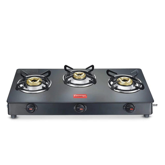 Prestige Magic Plus 3 Burner Powder Coated Toughened Glass Top LP Gas Stove | Black